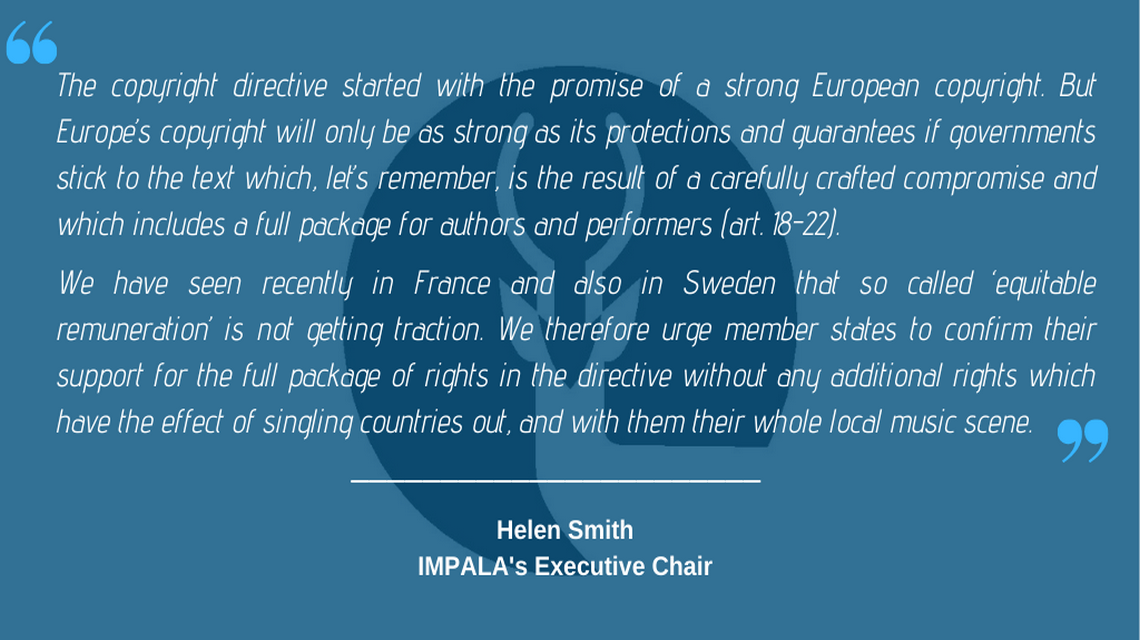 IMPALA POINTS TO STREAMING REFORM AND FRENCH INDUSTRY AGREEMENT AS IT SPEAKS OUT AGAINST EQUITABLE REMUNERATION AND CALLS FOR “SWIFT AND FAITHFUL IMPLEMENTATION” OF THE PERFORMER PROVISIONS IN THE EU COPYRIGHT DIRECTIVE     